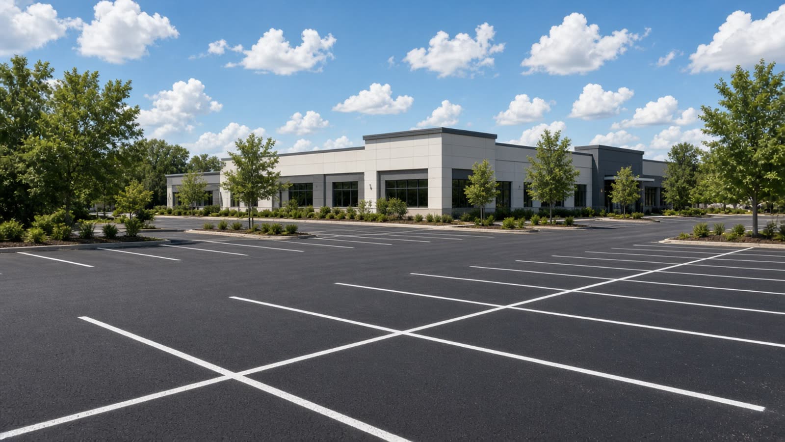 Freshly paved commercial parking lot with marked spaces