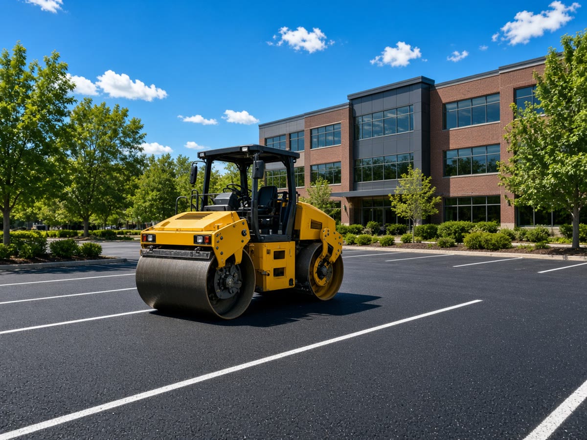 Asphalt roller on a fresh commercial parking lot in front of an office building